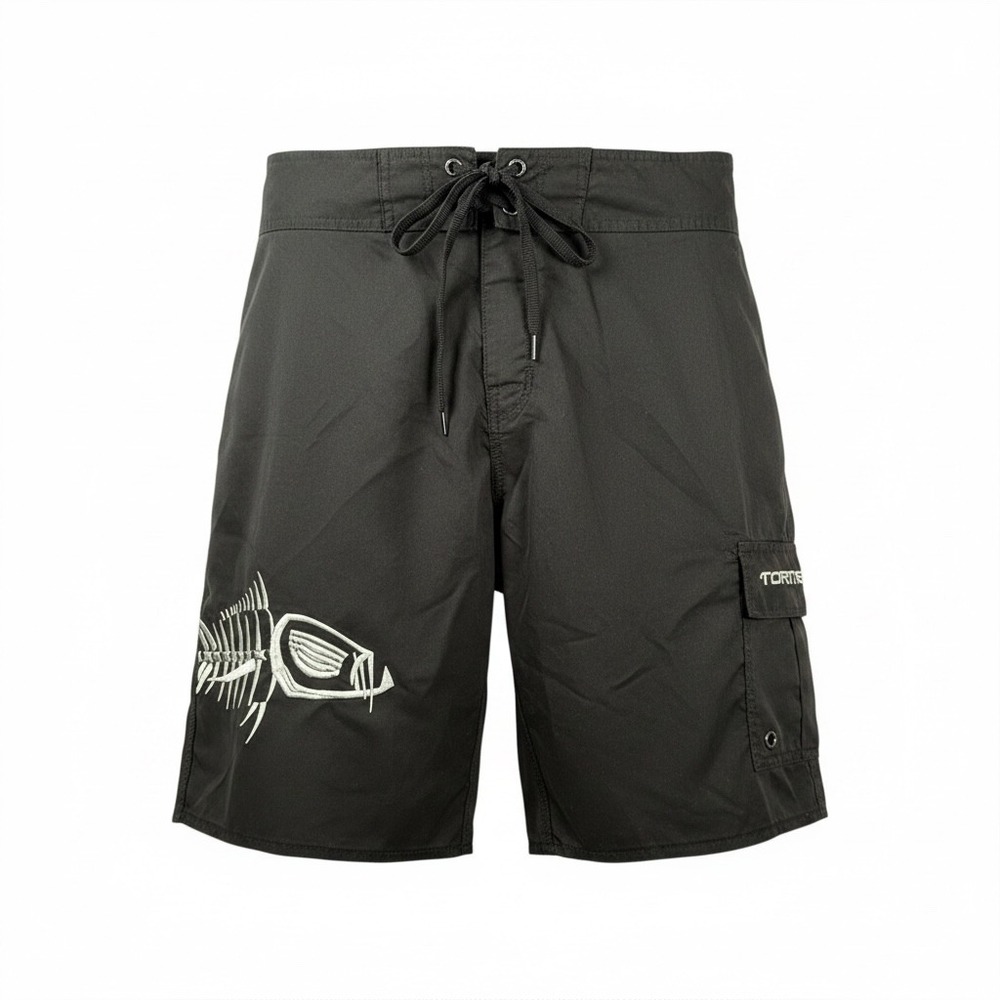 Tormenter Mens Black Board Shorts 36 Embroidered Fish Skeleton Cargo Surf